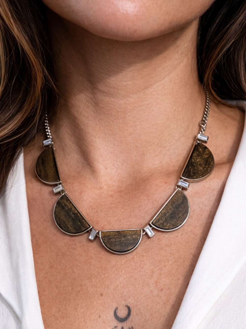 Gold Tone Natural Stone Link Necklace Modern Minimalist